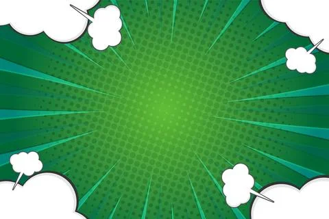 Green Comic Book Background with Speed Lines Clouds and Halftone Texture Stock Illustration