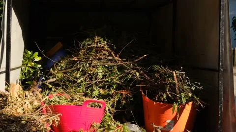 Green compost.A man puts boxes of plant waste on a trailer. Stock Footage 231913411
