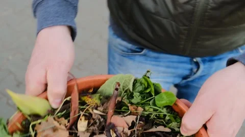 Green compost.Brown bucket with vegetable compost in the hands of a man Stock Footage 166914292