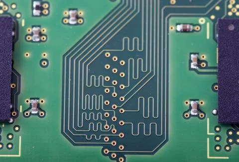 Green computer board with chips and components. Foto stock