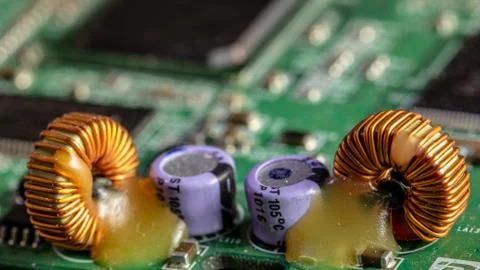 Green computer board with different electronics elements. texture Stock Photos