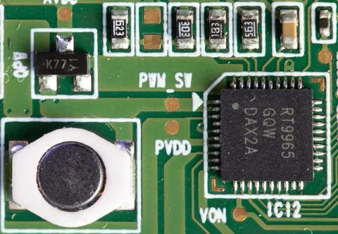 Green computer board with different electronics elements. texture Stock Photos