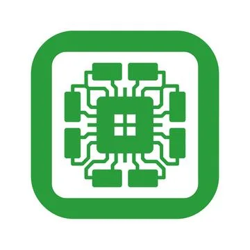 Green computer chip icon with connected circuits for technology and electro.. Illustration