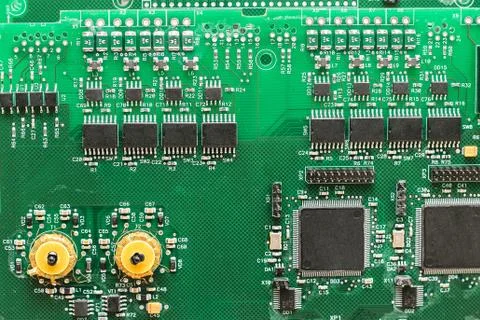 A green computer circuit board background. Foto stock
