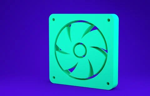 Green Computer cooler icon isolated on blue background. PC hardware fan. Mini Stock Illustration