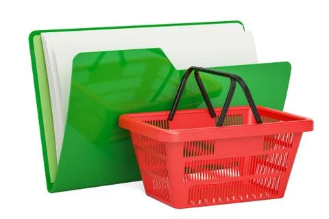 Green computer folder icon with shopping basket, 3D rendering Stock Illustration