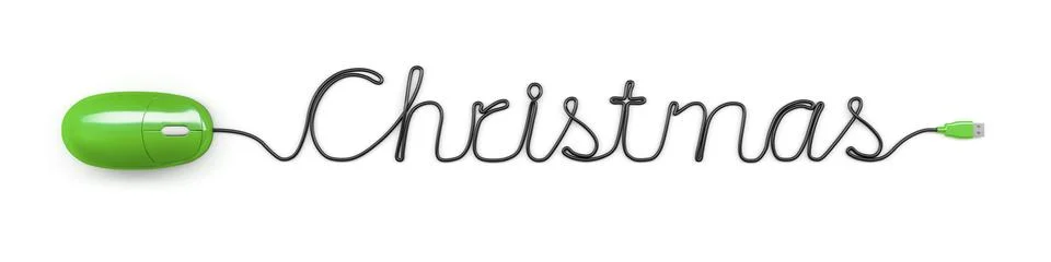 A green computer mouse and the word Christmas formed by the cable Stock Illustration