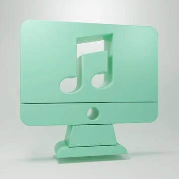 Green Computer with music note symbol on screen icon isolated on grey backg.. Stock Illustration