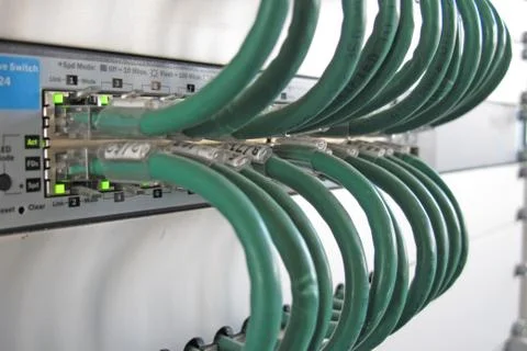 Green computer network cable in a rack of data processing center Stock Photos