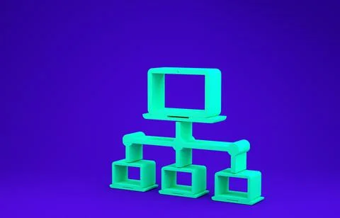 Green Computer network icon isolated on blue background. Laptop network. Inte Stock Illustration