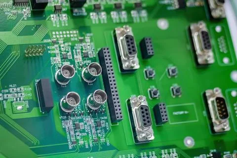Green computer printed circuit board - close up view Stock Photos
