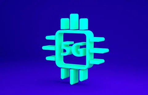 Green Computer processor 5G with microcircuits CPU icon isolated on blue back Stock Illustration