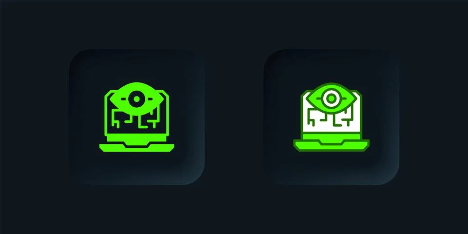 Green Computer vision icon isolated on black background. Technical vision, .. Illustrazione stock