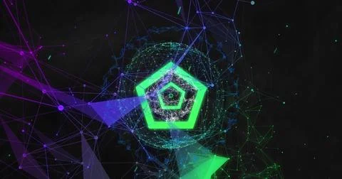 Green concentric hexagons on 3d structure in sphere with purplel shapes floating Stock Illustration