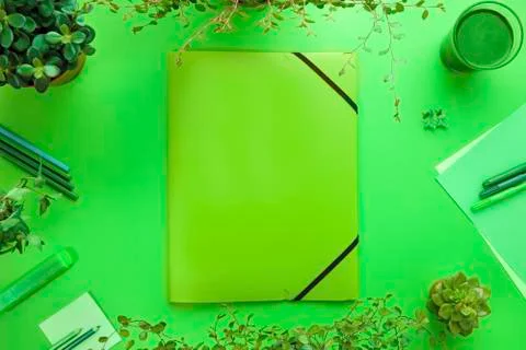 Green Concept of a Folder And Office Supplies On Desk Stock Photos