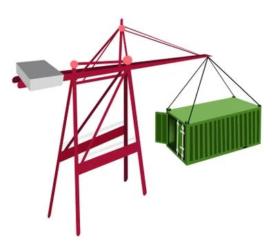 Green container being hoisted by a crane. Stock Illustration