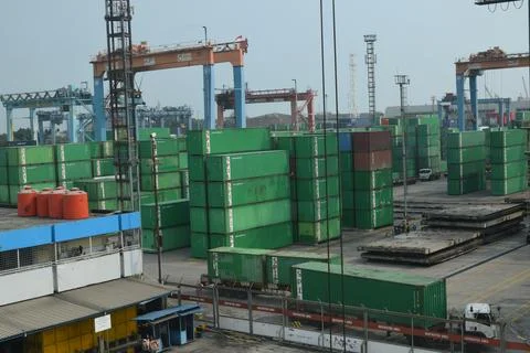 Green Container Boxes in Transforming Harbors into Sustainable Spaces  Stock Photos