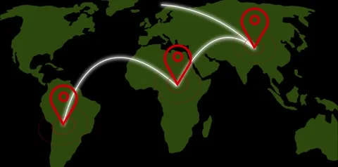 Green continents on world map with red pins linked by white glowing line. W.. Stock Footage 321582588