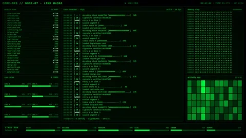 Green Core Ops Terminal With Module Tree CPU Cores And Activity Map Display. Stock Footage 348474018