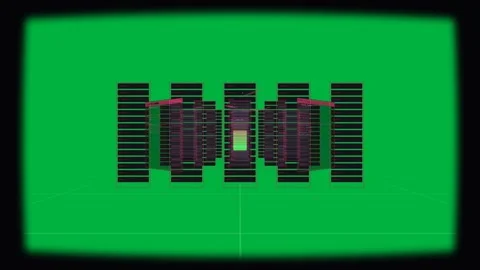 Green core pulsing, magenta racks scaling, showing HUD, exploding, rejoining for 스톡 동영상 329531736