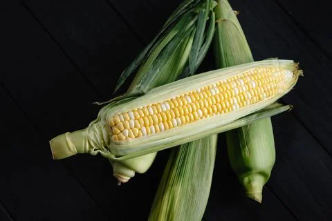 Green corn on a dark background. Corn cobs in leaves on a wooden background Stock Photos