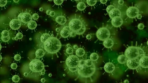 Green coronavirus cells floating in microscopic space Video stock 336398019