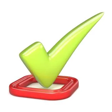 Green correct check mark in red square. 3D Green correct check mark in red... Stock Photos