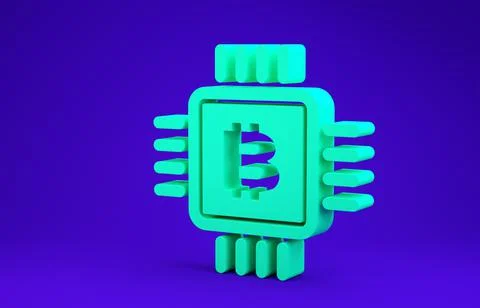 Green CPU mining farm icon isolated on blue background. Bitcoin sign inside m 스톡 일러스트