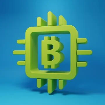 Green CPU mining farm icon isolated on blue background. Bitcoin sign inside.. 스톡 일러스트