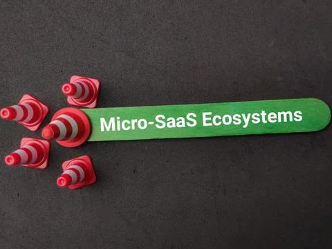 A green craft stick labeled Micro-SaaS Ecosystems lies next to five red and.. Stock Photos