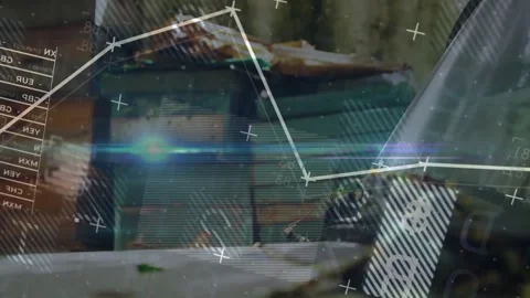 Green crate stack centering frame, HUD overlay appearing animating data graph Stock Footage 332468904