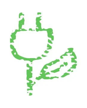 Green Crayon Drawing of an Electric Plug with Leaf, Eco-Friendly Renewable Stock Illustration