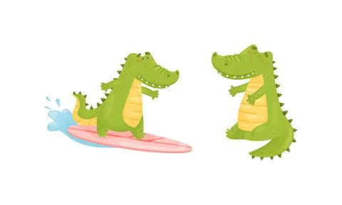 Green Crocodile or Gator Character Surfboarding on Moving Wave and Sitting Stock Illustration
