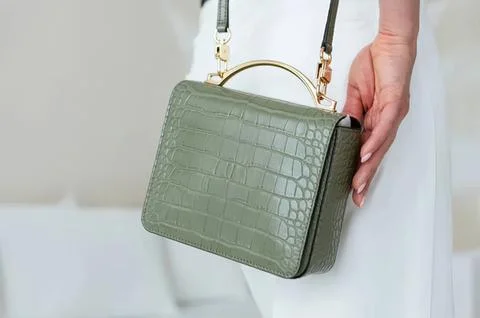 Green crocodile pattern handbag with gold handle and strap Stock Photos