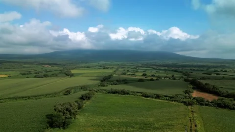 Green crop fields and a large hill capped with clouds in rural Mexico Stock Footage 342089226
