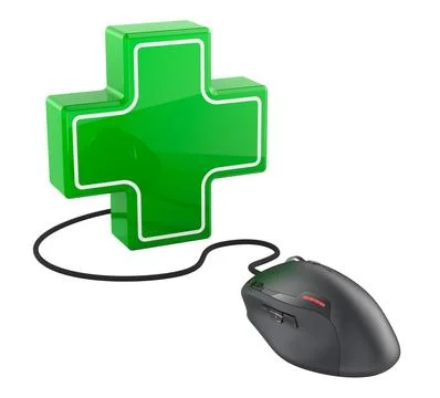 Green cross with computer mouse. Online pharmacy, digital healthcare and e-.. Stock Illustration