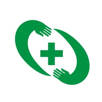Green cross. Pharmacy cross in the frame of the two hands. Illustrazione stock