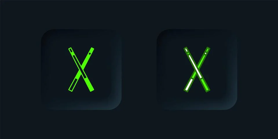 Green Crossed billiard cues icon isolated on black background. Black square.. Illustrazione stock