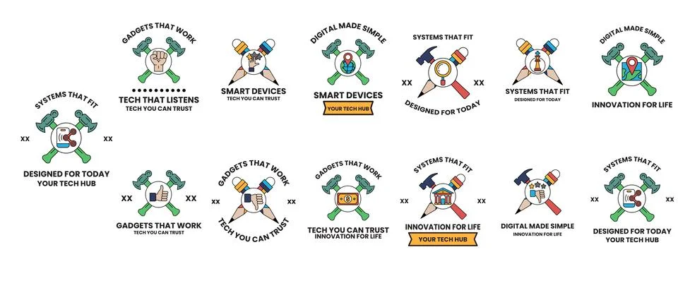 Green crossed hammers with bold text on circular badges Stock Illustration