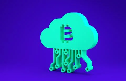 Green Cryptocurrency cloud mining icon isolated on blue background. Blockchai 스톡 일러스트