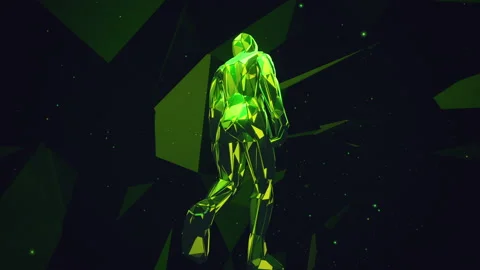 Green crystal man walking in CGI space Stock Footage 234254312
