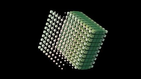 Green cubes morphing. Black background, technology concept. 3d render. Stock Illustration