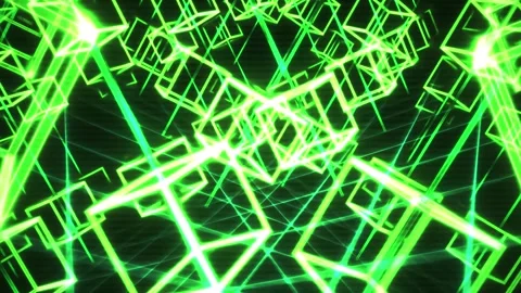 Green Cubes Rotating Dynamically in a Futuristic Virtual Reality Grid Space Stock Footage 343711546