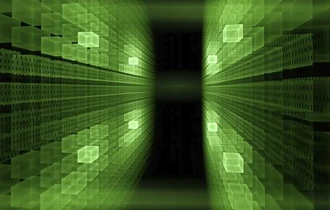 Green cubic perspective with binary code data flow 库存插图