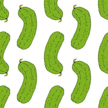 Green cucumber pattern. Seamless cucumber pattern in sketch style with black Stock Illustration