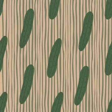 Green cucumber seamless pattern on stripes background. Cucumbers vegetable en Stock Illustration