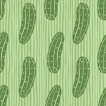 Green cucumber seamless pattern on stripes background. Cucumbers vegetable en Stock Illustration