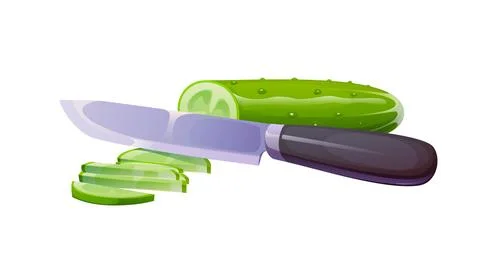 Green cucumber sliced with kitchen knife Stock Illustration