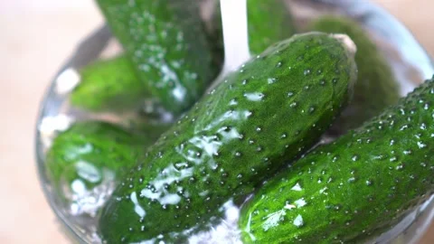 Green cucumbers in the kitchen under the tap water Stock Footage 135412942
