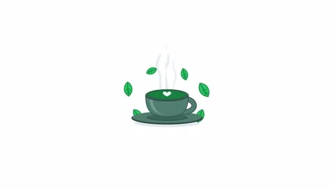 Green cup of hot herbal tea with rising steam and leaves. 4K Stock Footage 344846306